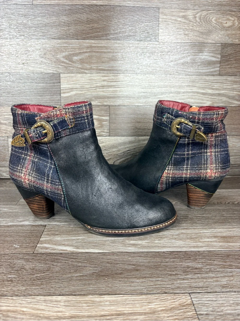 L'Artiste by Spring Step Scottala Ankle Boots Black Leather Plaid Fabric 8.5 39